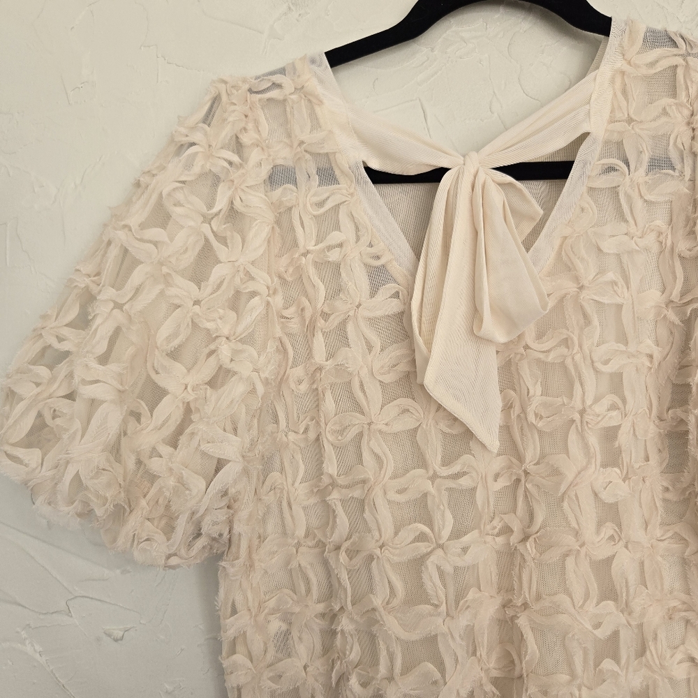 Anthro Sarah Hann Cream Tulle Karla Textured Puff Sleeve Top, S - Picture 8 of 12